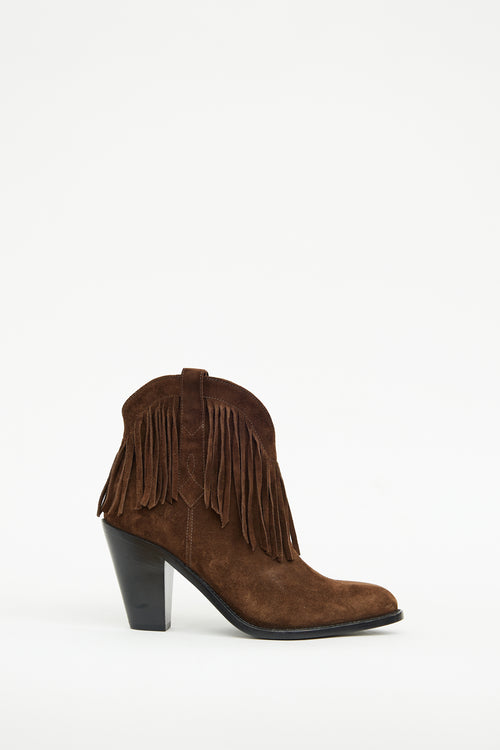 Saint Laurent Brown Suede Heeled Fringe Bootie