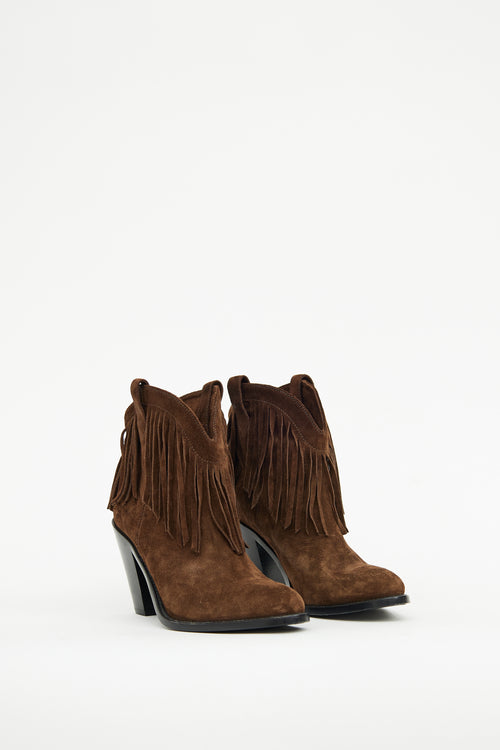 Saint Laurent Brown Suede Heeled Fringe Bootie