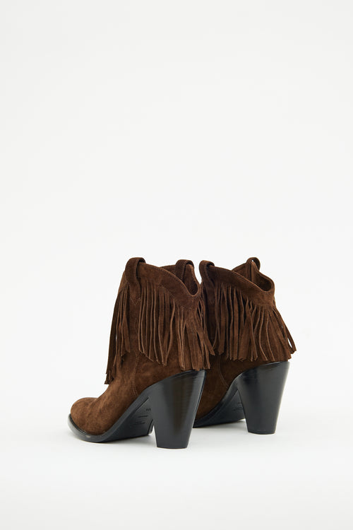 Saint Laurent Brown Suede Heeled Fringe Bootie