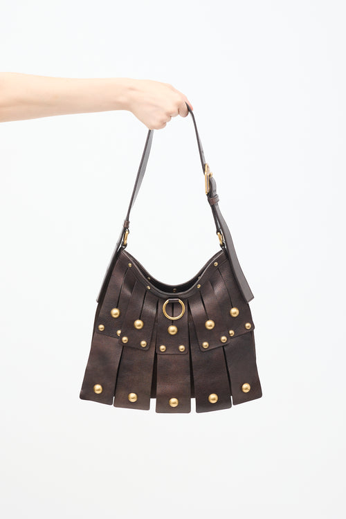 Saint Laurent Dark Brown Leather & Suede Sparte Studded Shoulder Bag