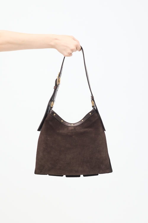 Saint Laurent Dark Brown Leather & Suede Sparte Studded Shoulder Bag