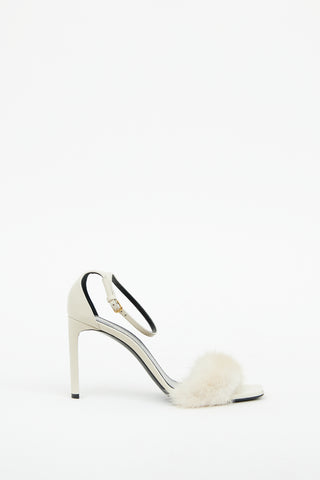 Saint Laurent White Fur Bea Ankle Strap Sandal