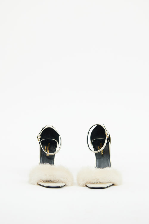 Saint Laurent White Fur Bea Ankle Strap Sandal