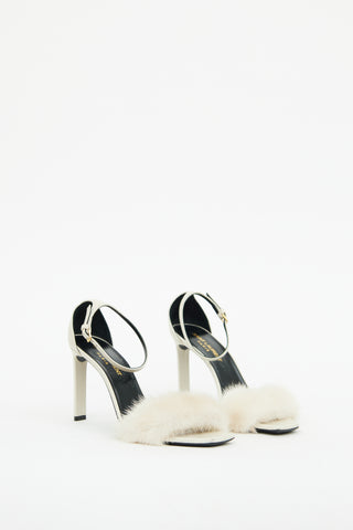 Saint Laurent White Fur Bea Ankle Strap Sandal