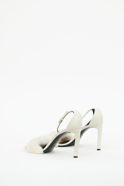 Saint Laurent White Fur Bea Ankle Strap Sandal