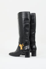 Saint Laurent Black Leather Logo Buckle Knee High Boot