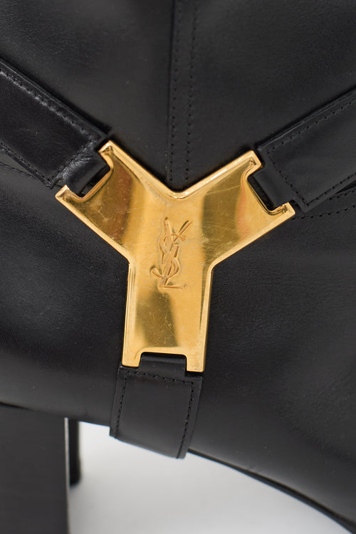 Saint Laurent Black Leather Logo Buckle Knee High Boot