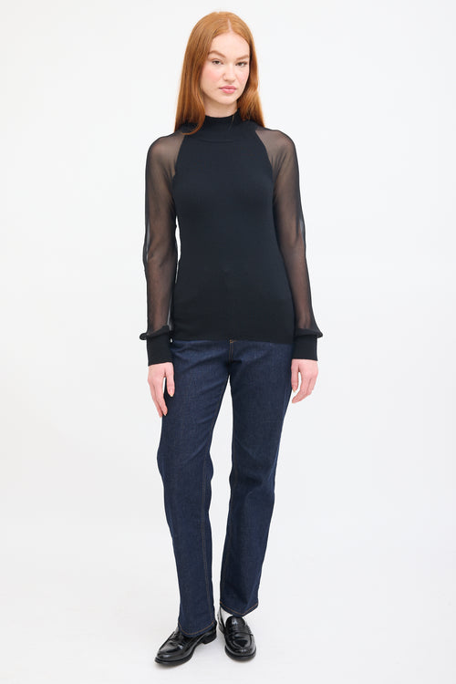 Sally Lapointe Black Cashmere & Silk Sheer Sleeve Top