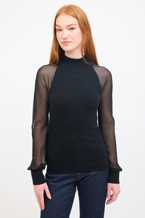 Sally Lapointe Black Cashmere & Silk Sheer Sleeve Top