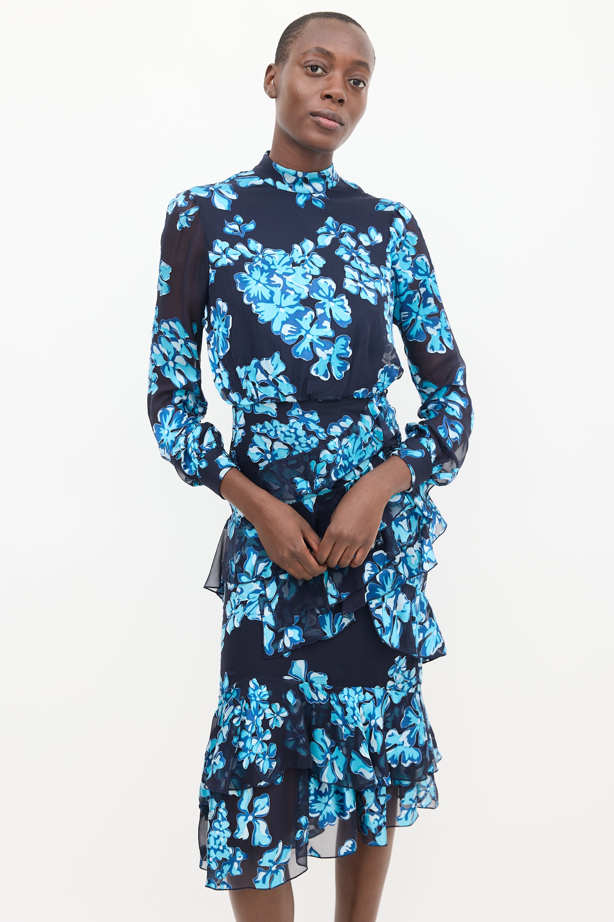Saloni // Blue Floral Ruffled Dress – VSP Consignment
