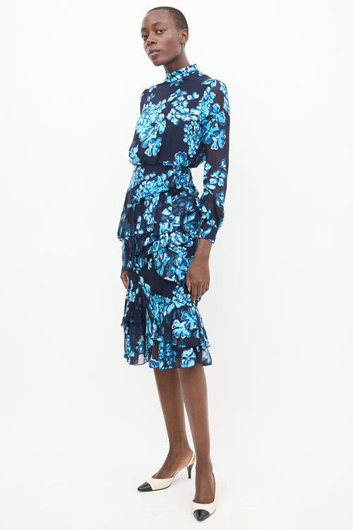 Saloni Blue Floral Ruffled Dress