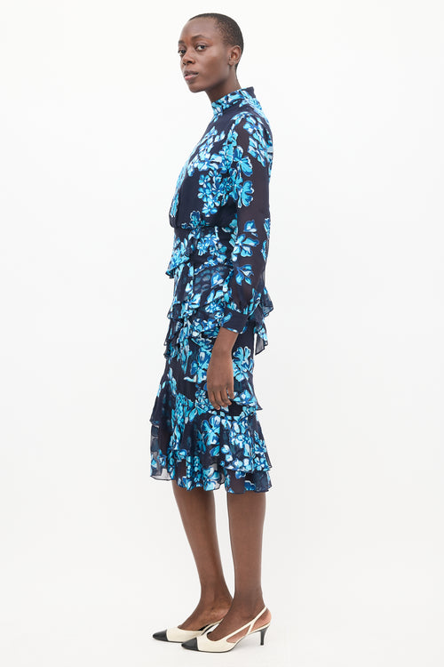 Saloni Blue Floral Ruffled Dress