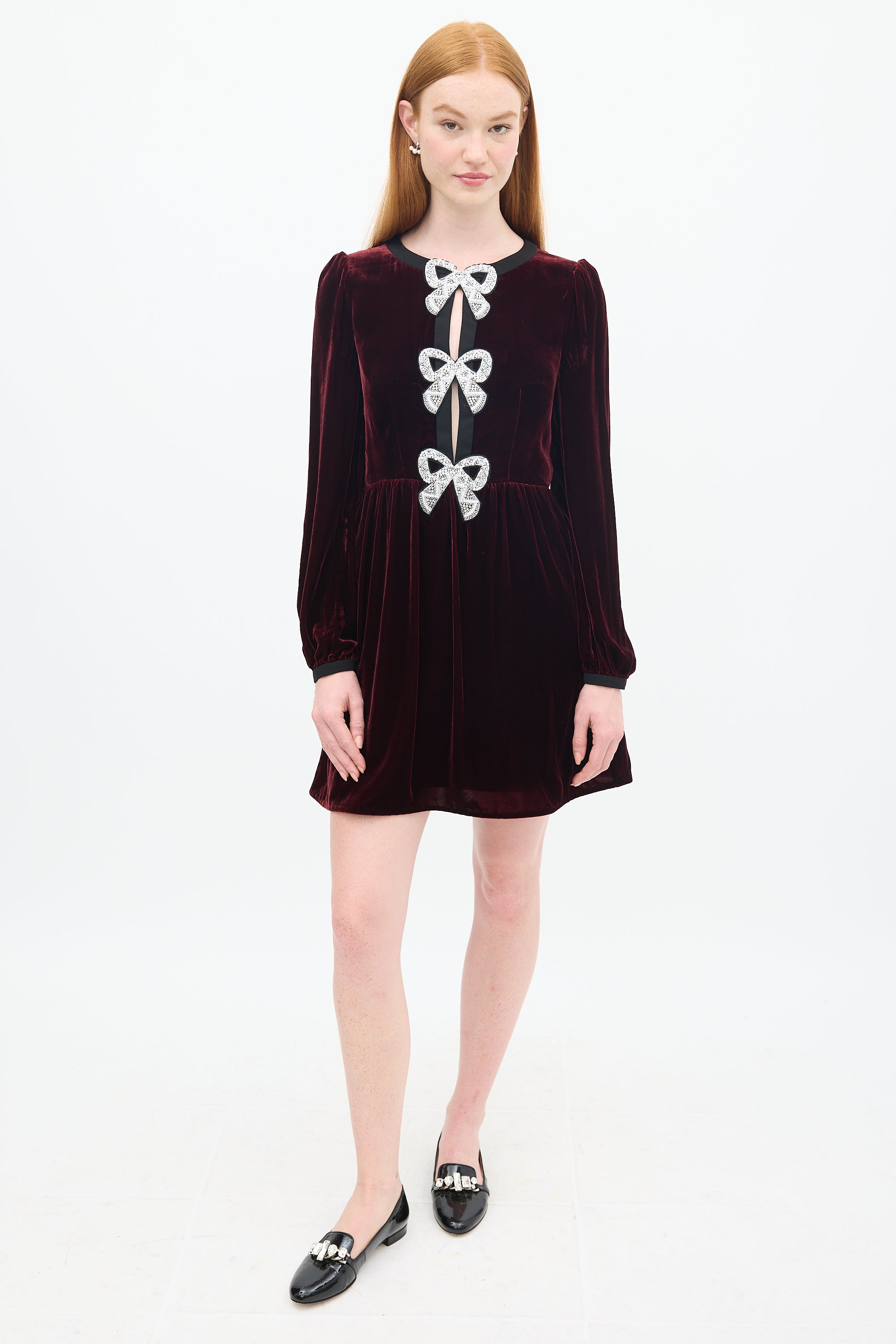 Saloni // Burgundy Velvet Camille Bows Embellished Mini Dress – VSP Consignment