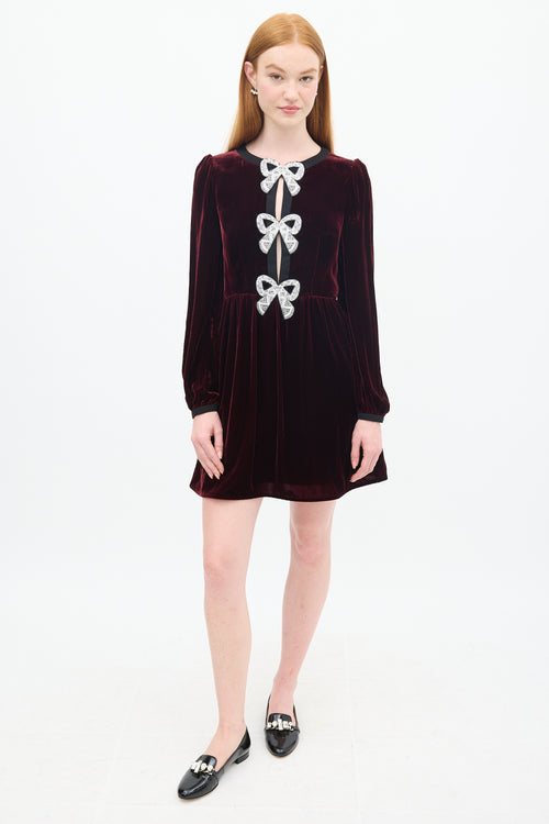 Saloni Burgundy Velvet Camille Bows Embellished Mini Dress