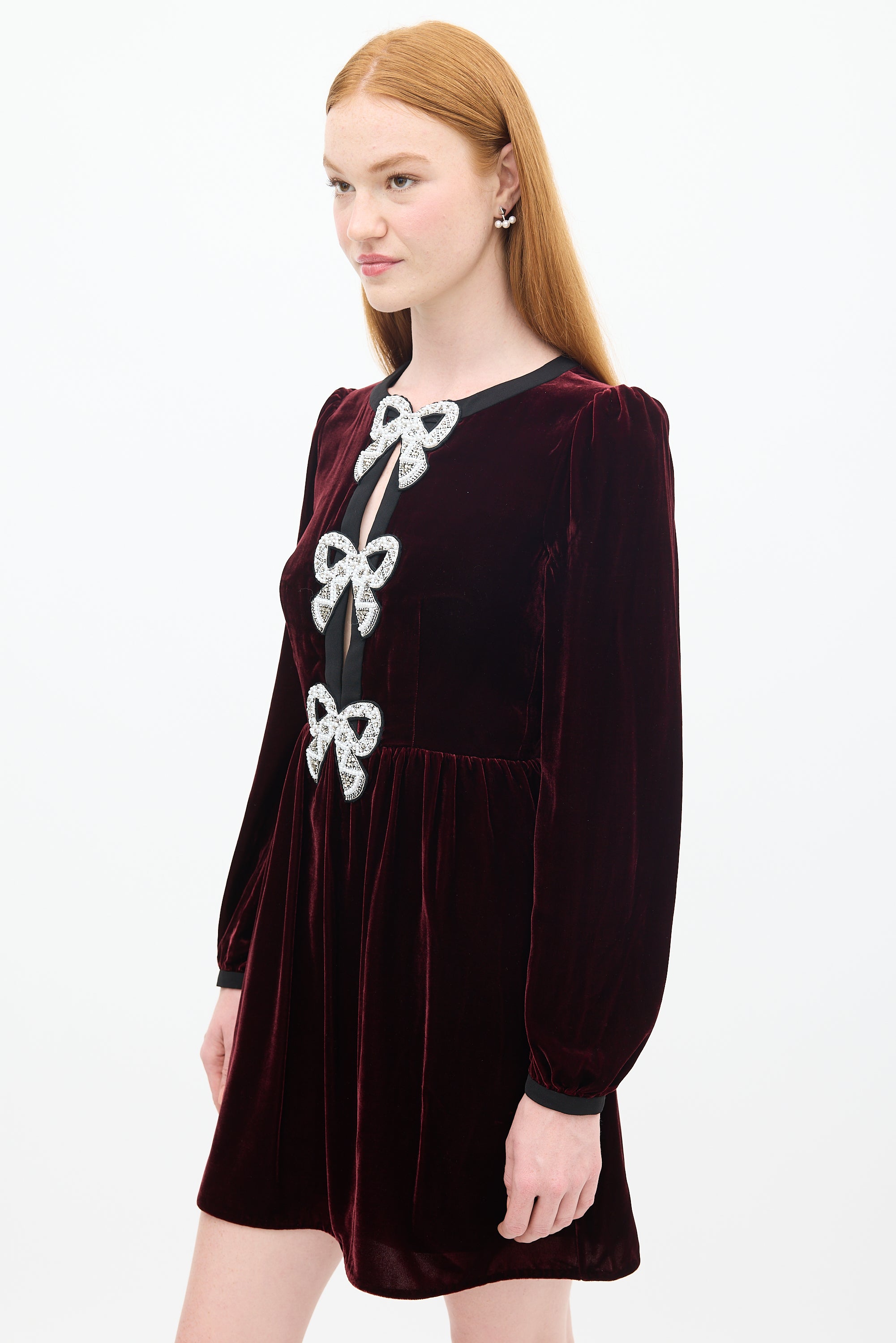 Saloni // Burgundy Velvet Camille Bows Embellished Mini Dress VSP Consignment Saloni // Burgundy Velvet Camille Bows Embellished Mini Dress VSP Consignment