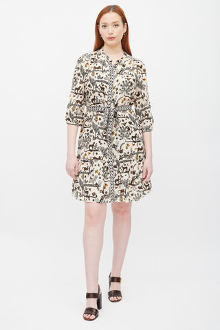 Saloni Cream & Black Sheer Printed Button Up Dress