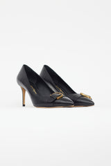 Ferragamo Black Leather Gold Buckle Pump