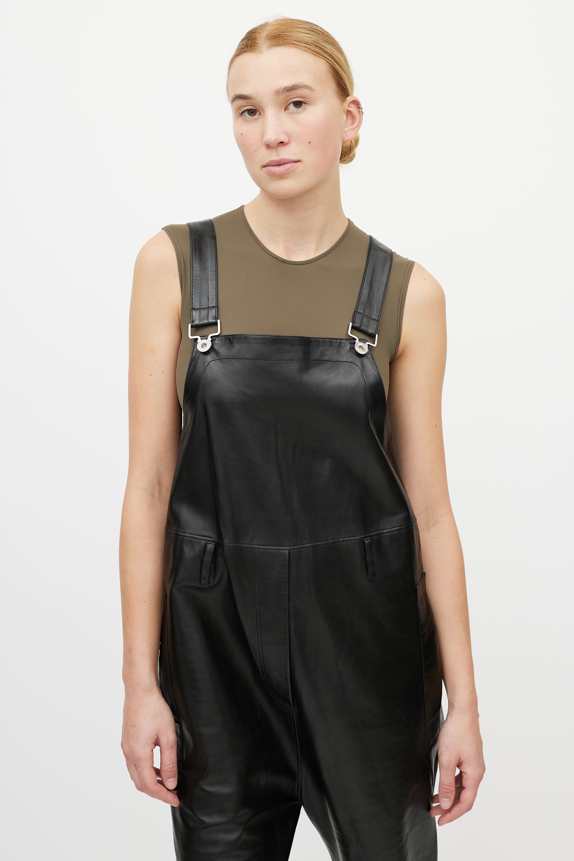 Ferragamo // Black Leather Pongee Overalls VSP Consignment Ferragamo // Black Leather Pongee Overalls VSP Consignment