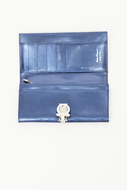 Salvatore Ferragamo Metallic Blue Patent Leather Wallet