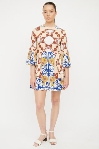 Sandro Beige & Multi Cotton Bell Sleeve Dress