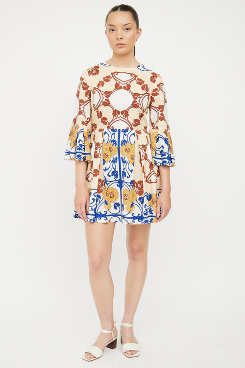 Sandro Beige & Multi Cotton Bell Sleeve Dress