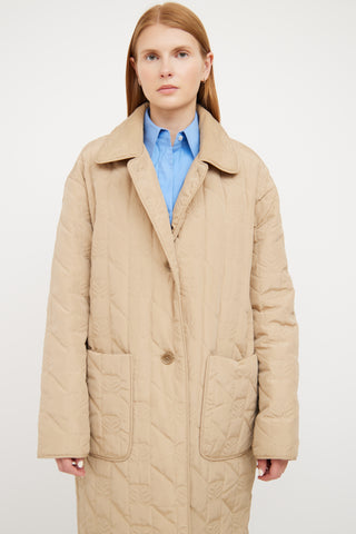 Sandro Beige Quilted Long Logo Jacket