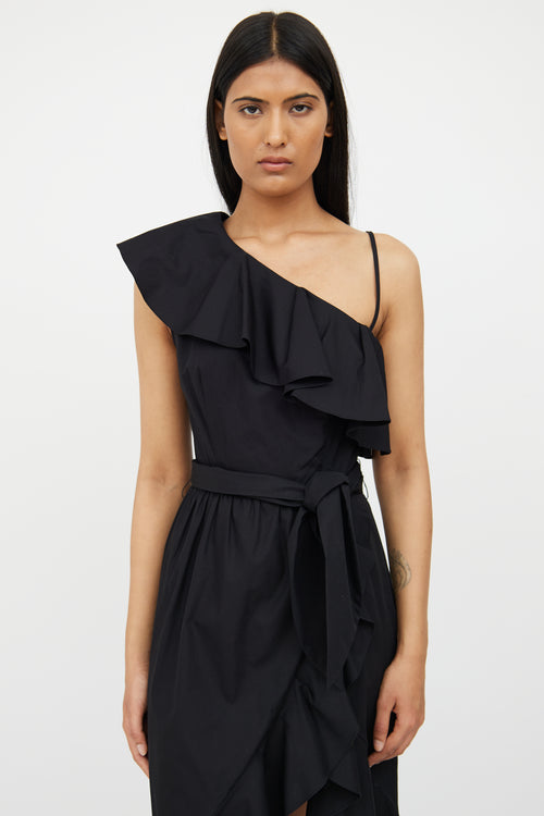 Sandro Black Ruffle One Shoulder Dress