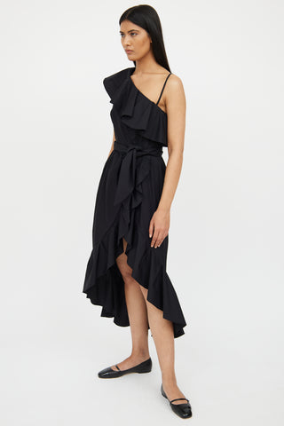 Sandro Black Ruffle One Shoulder Dress