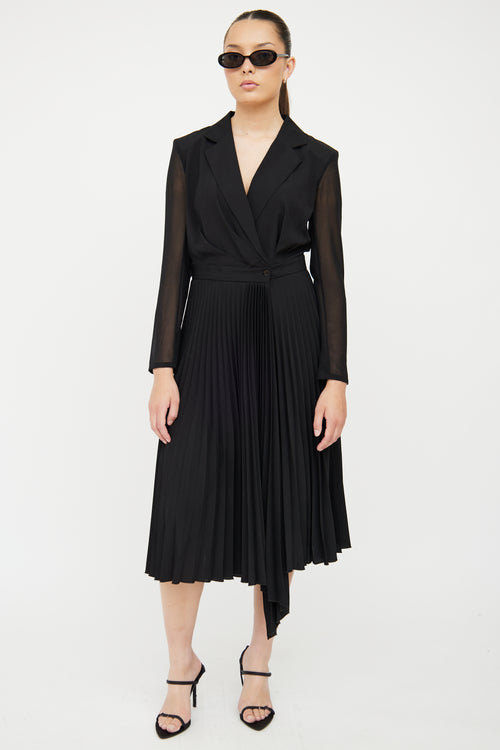 Sandro Black Notched Lapel & Pleated Skirt Dress