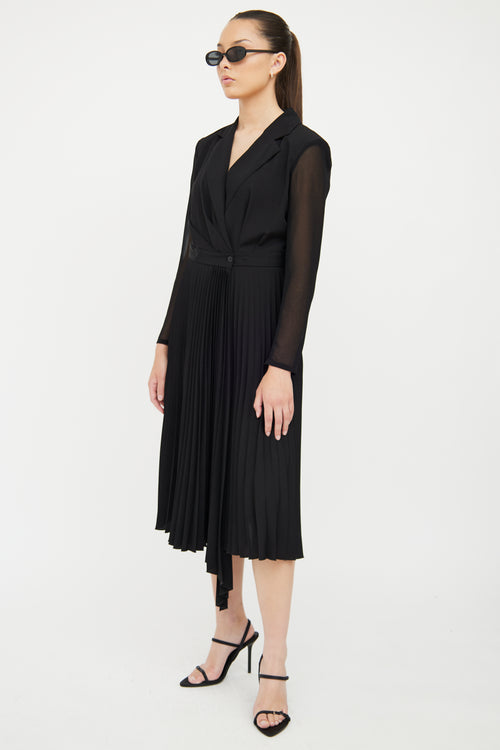 Sandro Black Notched Lapel & Pleated Skirt Dress