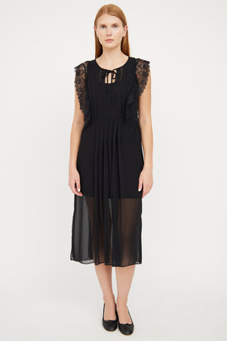 Sandro Black Sheer Pleat & Ruffle Dress