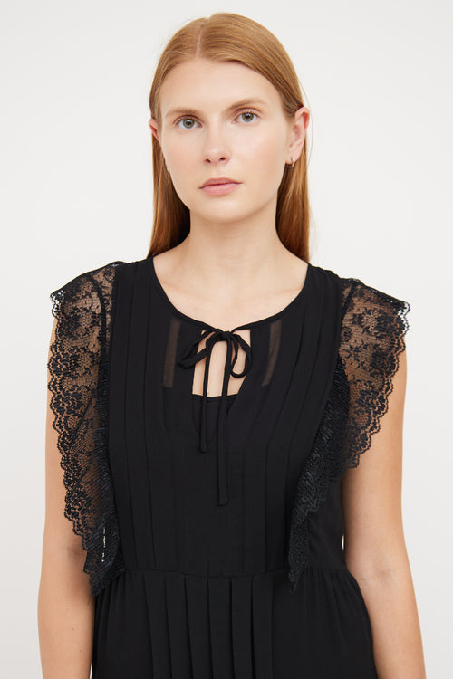 Sandro Black Sheer Pleat & Ruffle Dress