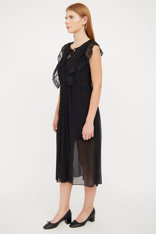 Sandro Black Sheer Pleat & Ruffle Dress