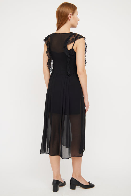 Sandro Black Sheer Pleat & Ruffle Dress