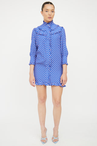 Sandro Blue Ruffle & Pattern Shirt Dress