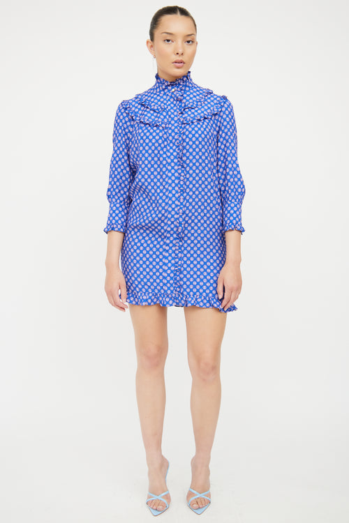 Sandro Blue Ruffle & Pattern Shirt Dress