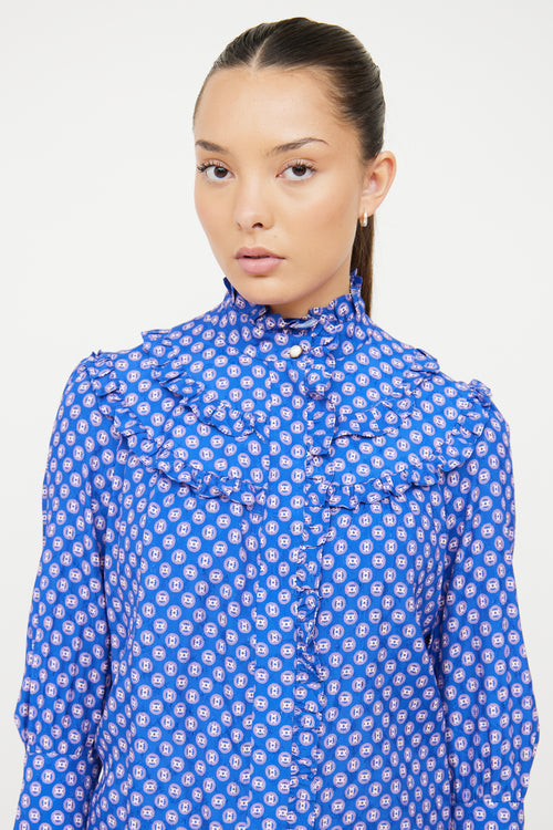 Sandro Blue Ruffle & Pattern Shirt Dress