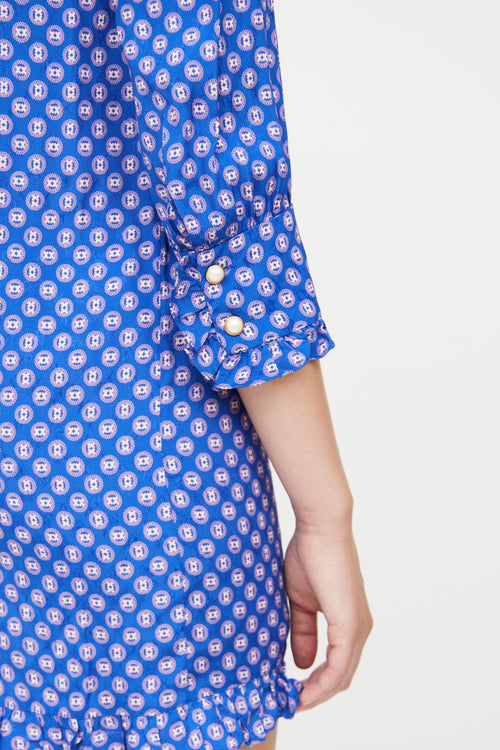 Sandro Blue Ruffle & Pattern Shirt Dress