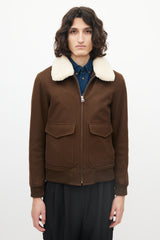 Sandro Brown Wool Shearling Collar Bomber Jacket
