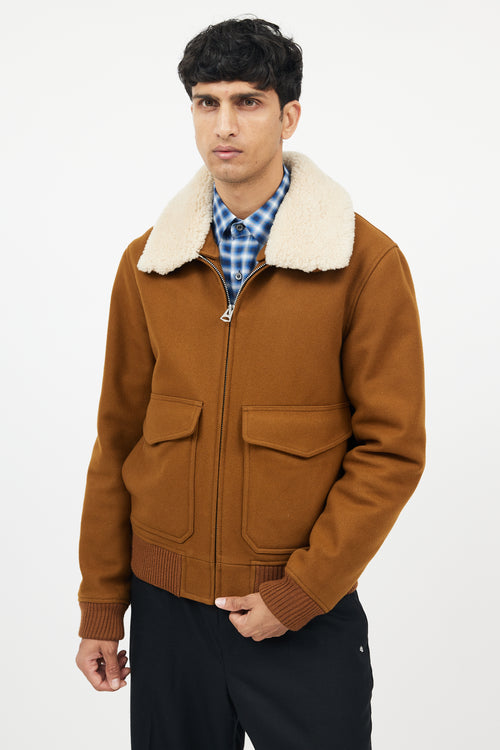 Sandro Brown Wool Shearling Collar Jacket