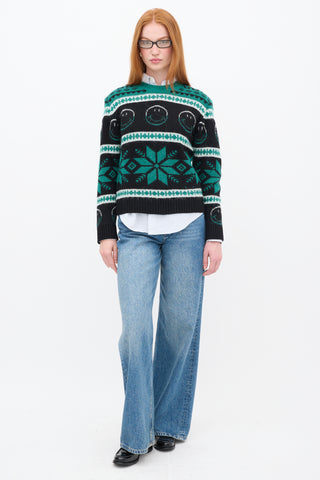 Sandro Green & Black Wool Smiley Intarsia Sweater