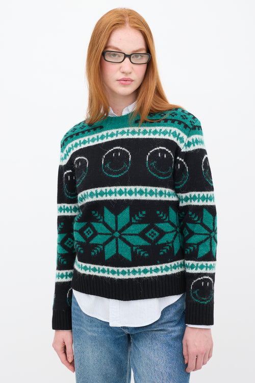 Sandro Green & Black Wool Smiley Intarsia Sweater