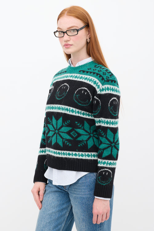 Sandro Green & Black Wool Smiley Intarsia Sweater