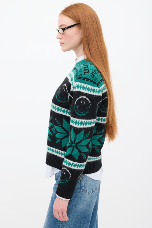 Sandro Green & Black Wool Smiley Intarsia Sweater