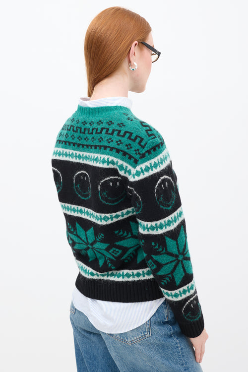 Sandro Green & Black Wool Smiley Intarsia Sweater