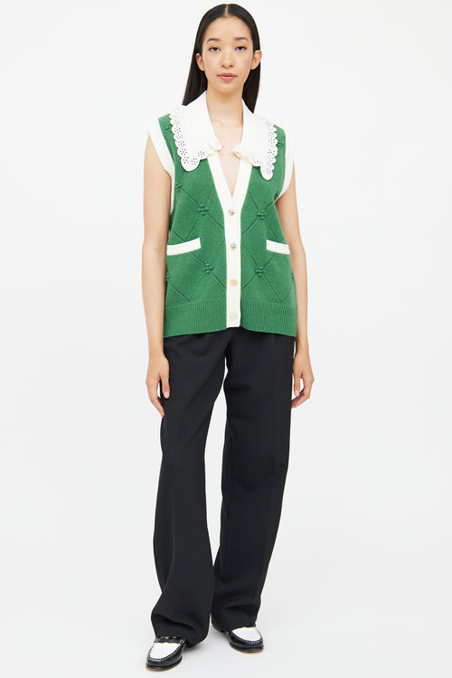 Sandro Green & White Knit Detachable Collar Vest