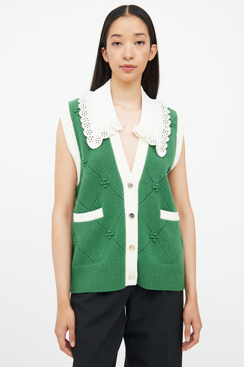 Sandro Green & White Knit Detachable Collar Vest