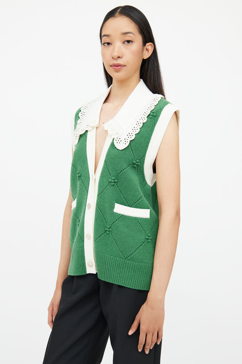 Sandro Green & White Knit Detachable Collar Vest