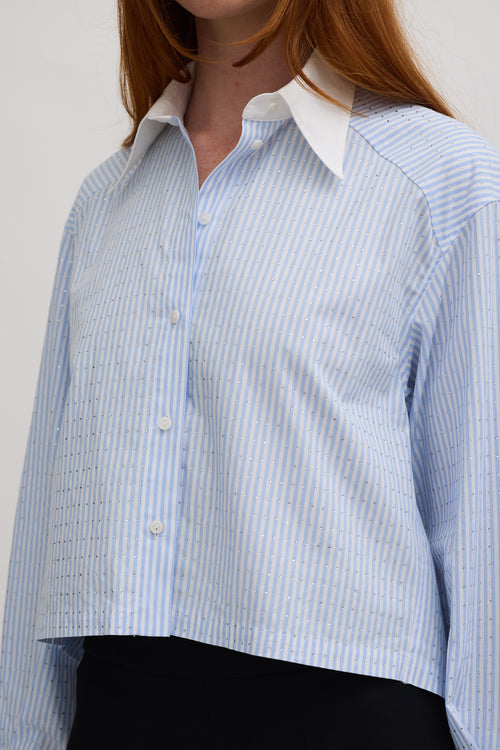 Sandro Light Blue & White Sylvann Embellished Striped Shirt