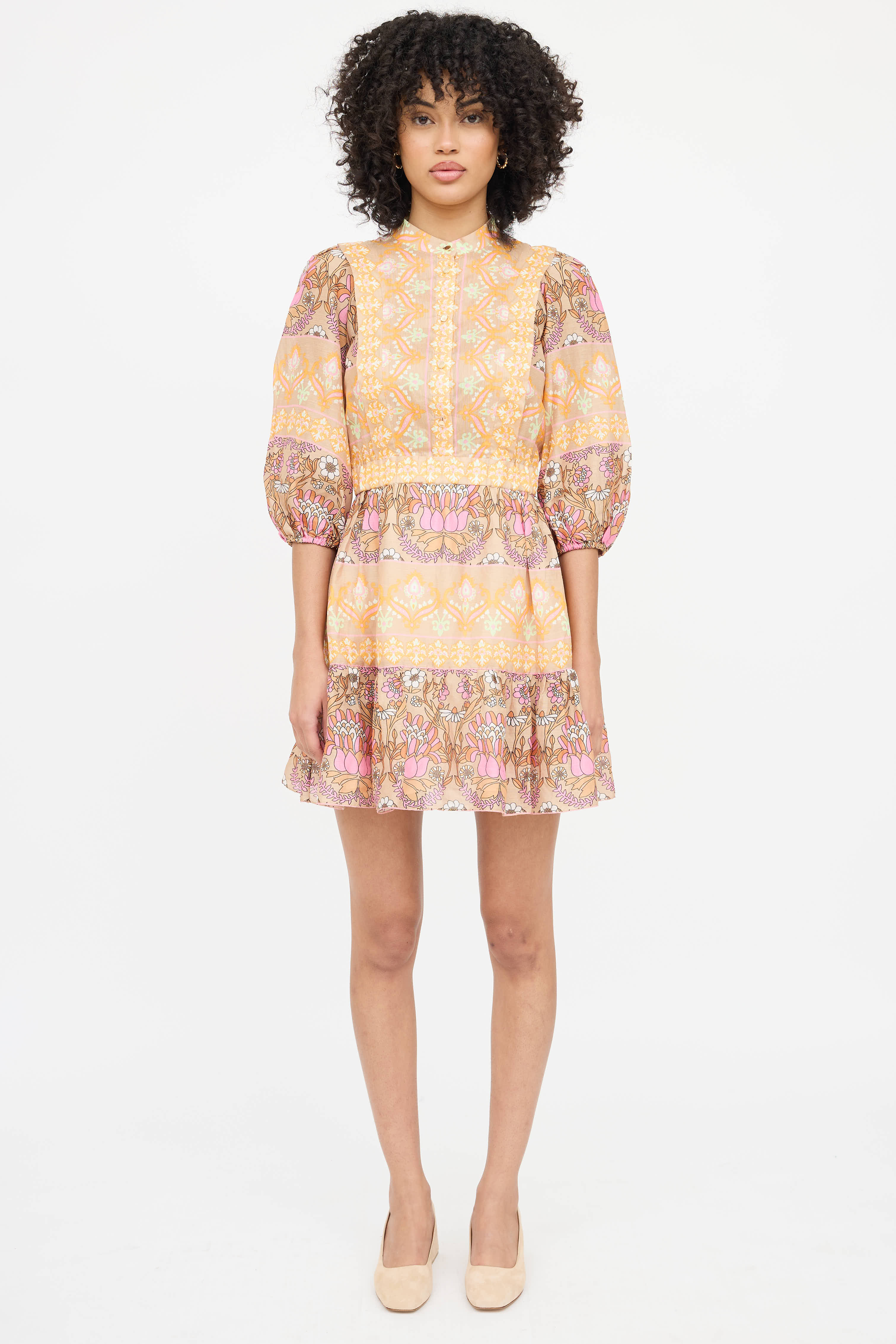 sandro short printed dress with ruffles Sandro Short Mixed Print Dress With Smocking In Green